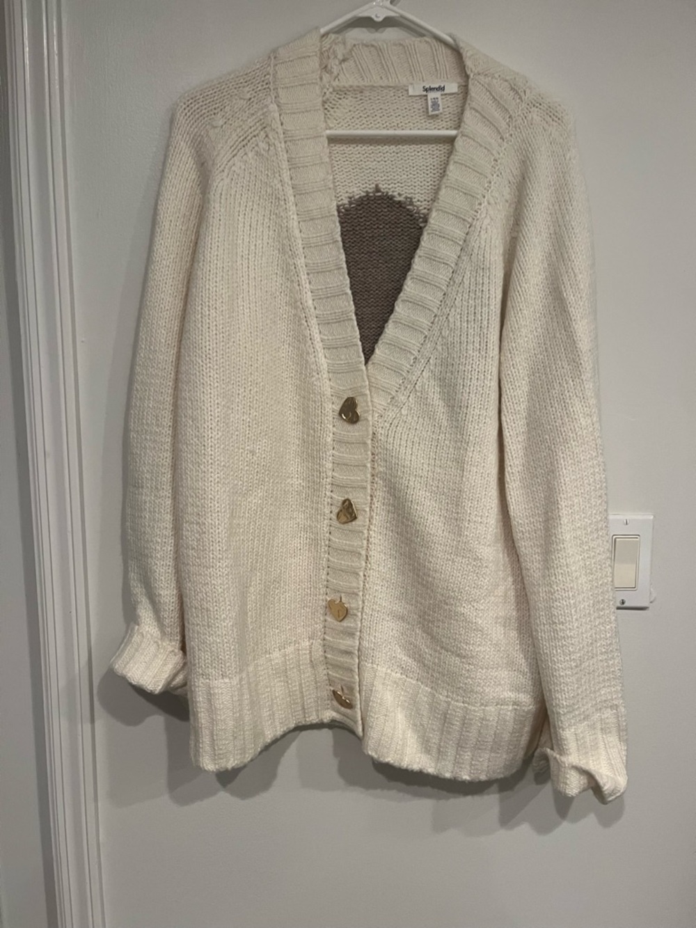 SPLENDID Cream V-Neck Chunky heart Button Cardigan Sweater w heart on back